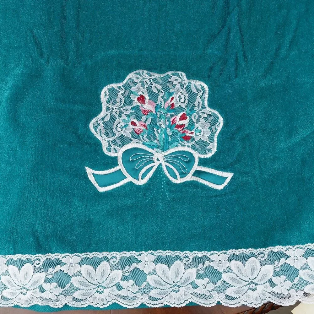 Vtg JC Penny's Cotton Lace Trim  Ribbon & Rose 5 Pc Towel Set Dark Green USA NOS
